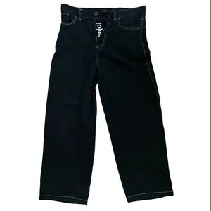 Enjoi black jeans white stitching.